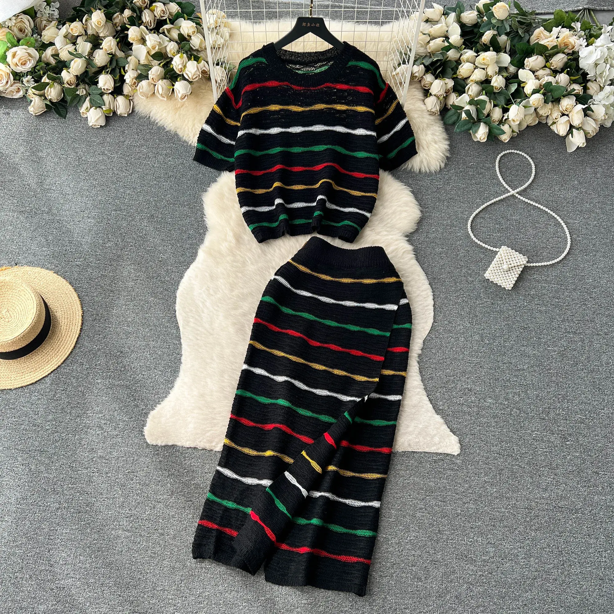Dress Stets Women Short Sleeve Striped O Neck Tops Knitting Two Pieces Set Slim Sexy High Waist Ankle Length Y2k Streetwear