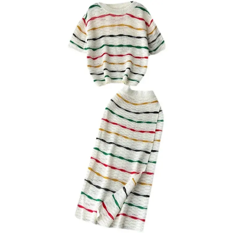 Dress Stets Women Short Sleeve Striped O Neck Tops Knitting Two Pieces Set Slim Sexy High Waist Ankle Length Y2k Streetwear