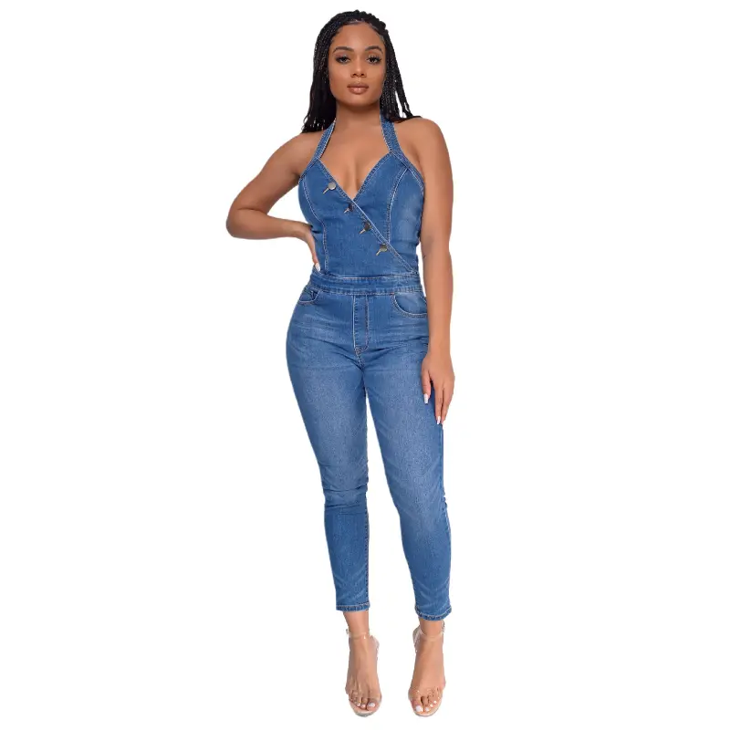 Jumpsuits Women Halter One Piece Long Pants Sleeveless Sexy Demin Overalls High Waist Streetwear Party Mom Jeans Rompers
