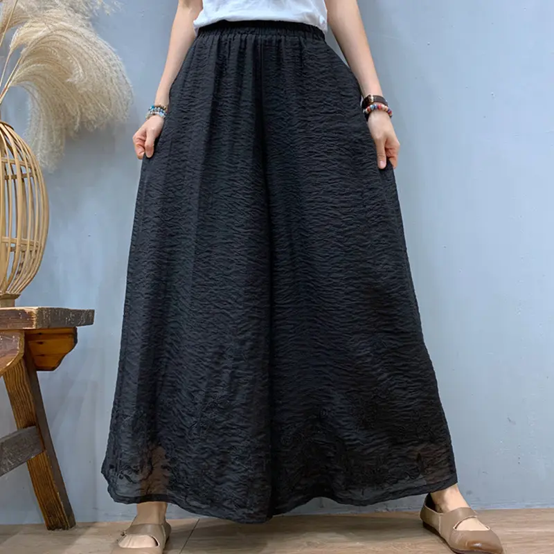 Skirts Pant Women Wide Leg Long Pants Embroidery High Waist Straight Trousers Y2k Streetwear Vintage Elegant White Work Capris