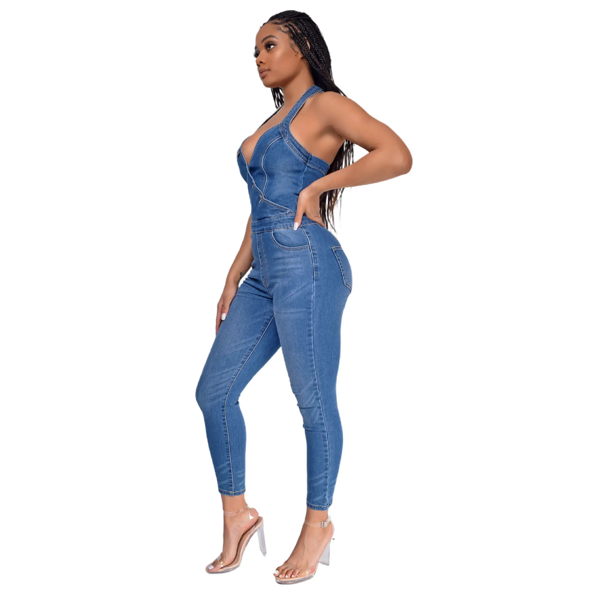 Jumpsuits Women Halter One Piece Long Pants Sleeveless Sexy Demin Overalls High Waist Streetwear Party Mom Jeans Rompers