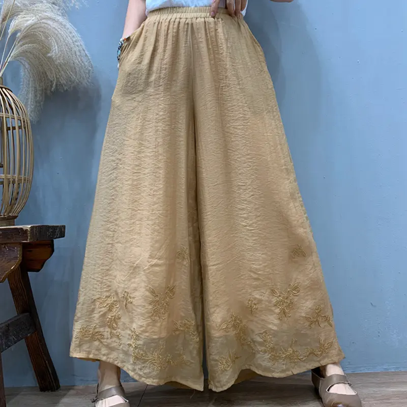 Skirts Pant Women Wide Leg Long Pants Embroidery High Waist Straight Trousers Y2k Streetwear Vintage Elegant White Work Capris
