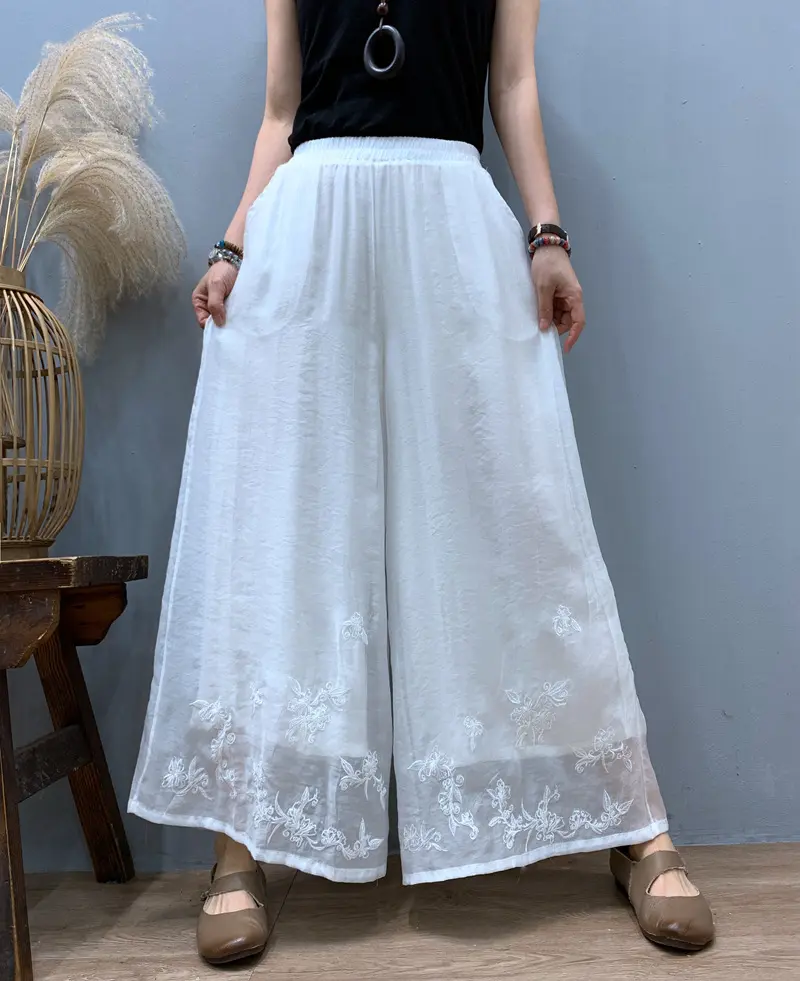 Skirts Pant Women Wide Leg Long Pants Embroidery High Waist Straight Trousers Y2k Streetwear Vintage Elegant White Work Capris