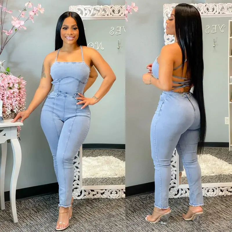 Jumpsuits Women Demin Overalls Sexy One Piece Long Pants Mom Jeans Backless High Waist Streetwear Blue Bodycon Rompers Summer