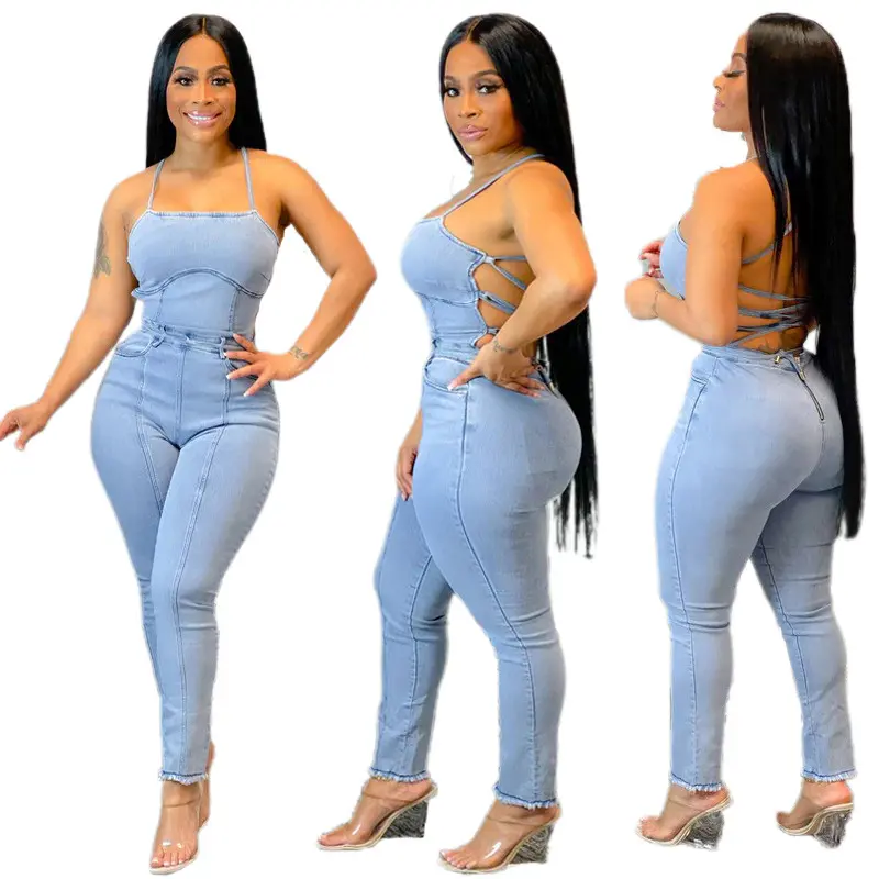 Jumpsuits Women Demin Overalls Sexy One Piece Long Pants Mom Jeans Backless High Waist Streetwear Blue Bodycon Rompers Summer