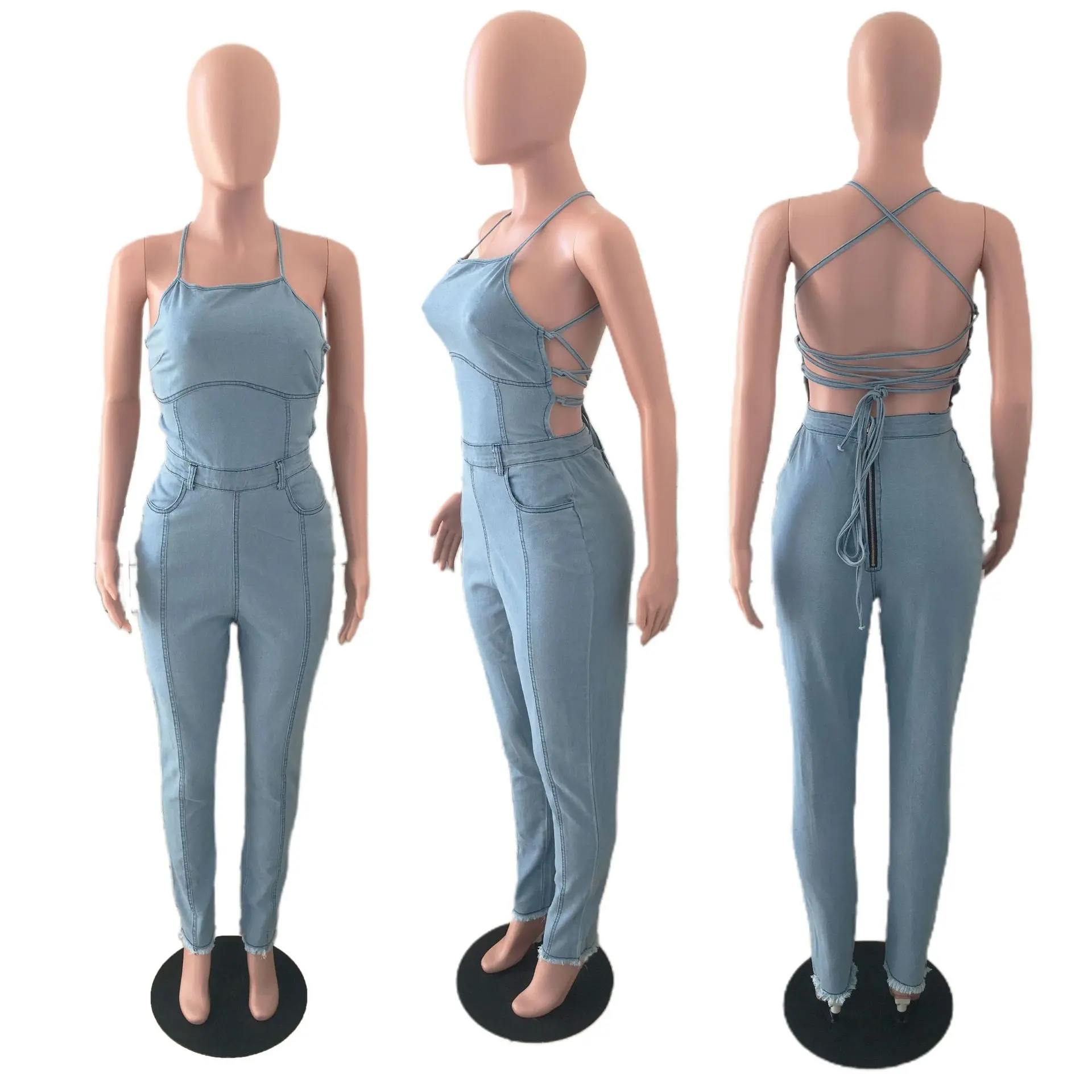 Jumpsuits Women Demin Overalls Sexy One Piece Long Pants Mom Jeans Backless High Waist Streetwear Blue Bodycon Rompers Summer