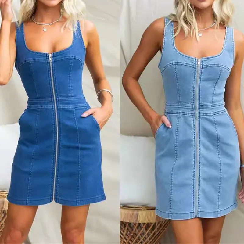 Mid Length Dress Women Denim Dresses Y2k Streetwear Zipper Vestidos Sleeveless Elegant Mom Jeans High Waist Work Summer 2025