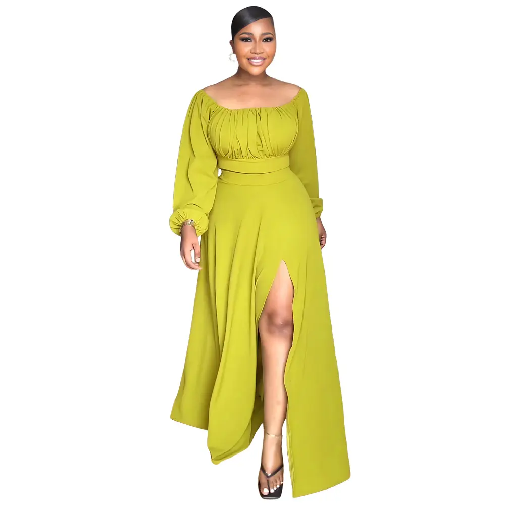 Casual Vacation Solid Color Balloon Sleeve Women Set 2023 Autumn Sexy Off Shoulder Top High Side Slit Long Skirt Two Piece Sets