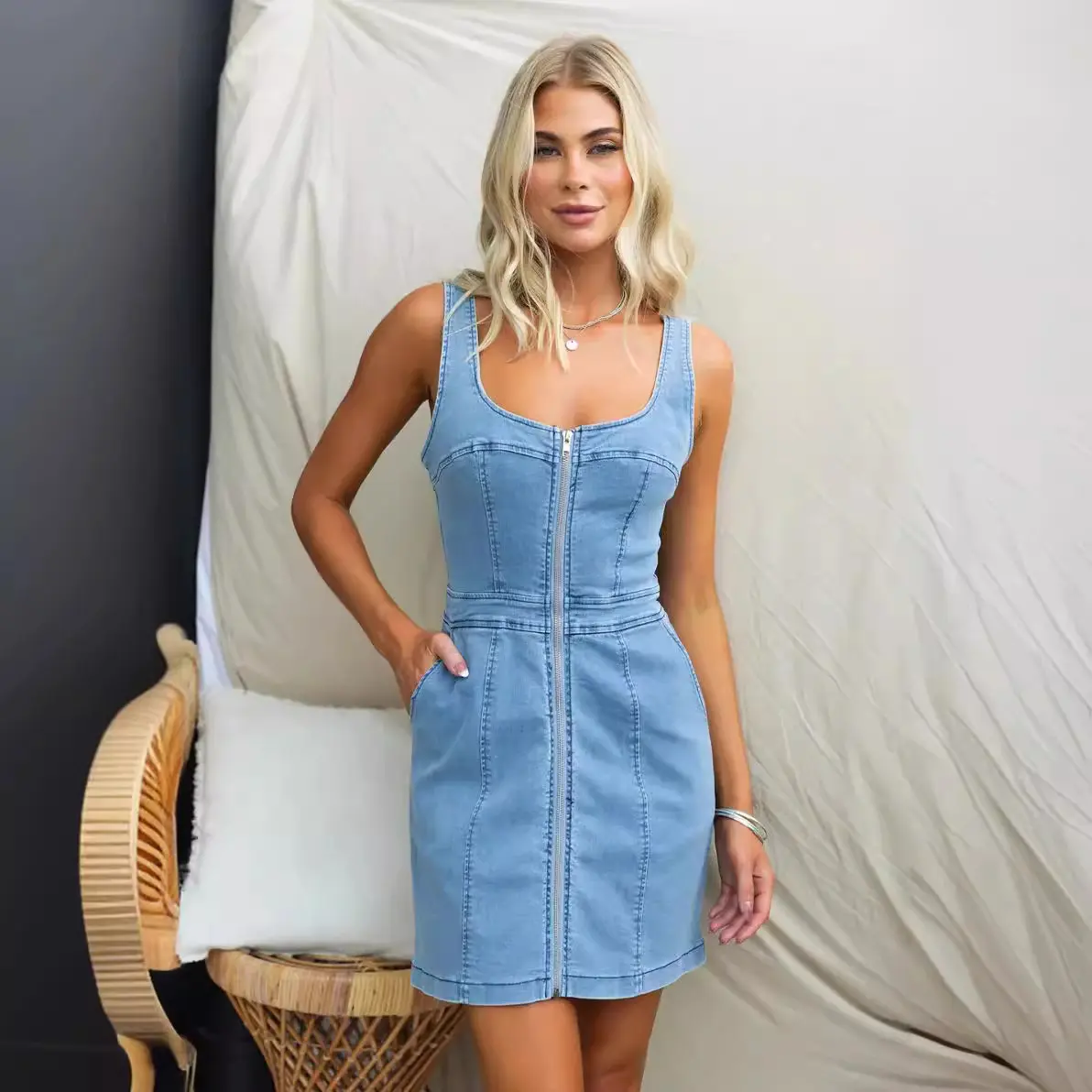 Mid Length Dress Women Denim Dresses Y2k Streetwear Zipper Vestidos Sleeveless Elegant Mom Jeans High Waist Work Summer 2025