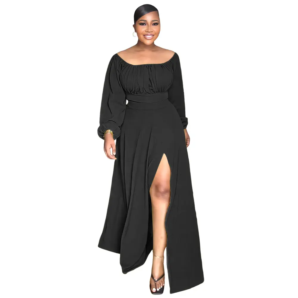 Casual Vacation Solid Color Balloon Sleeve Women Set 2023 Autumn Sexy Off Shoulder Top High Side Slit Long Skirt Two Piece Sets