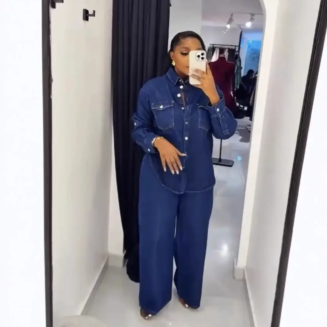 Denim Two Piece Sets Women Coat Mom Jeans Pockets Single Breasted Turn Down Collar Outfits Jacket Straight Pants Suit 2025