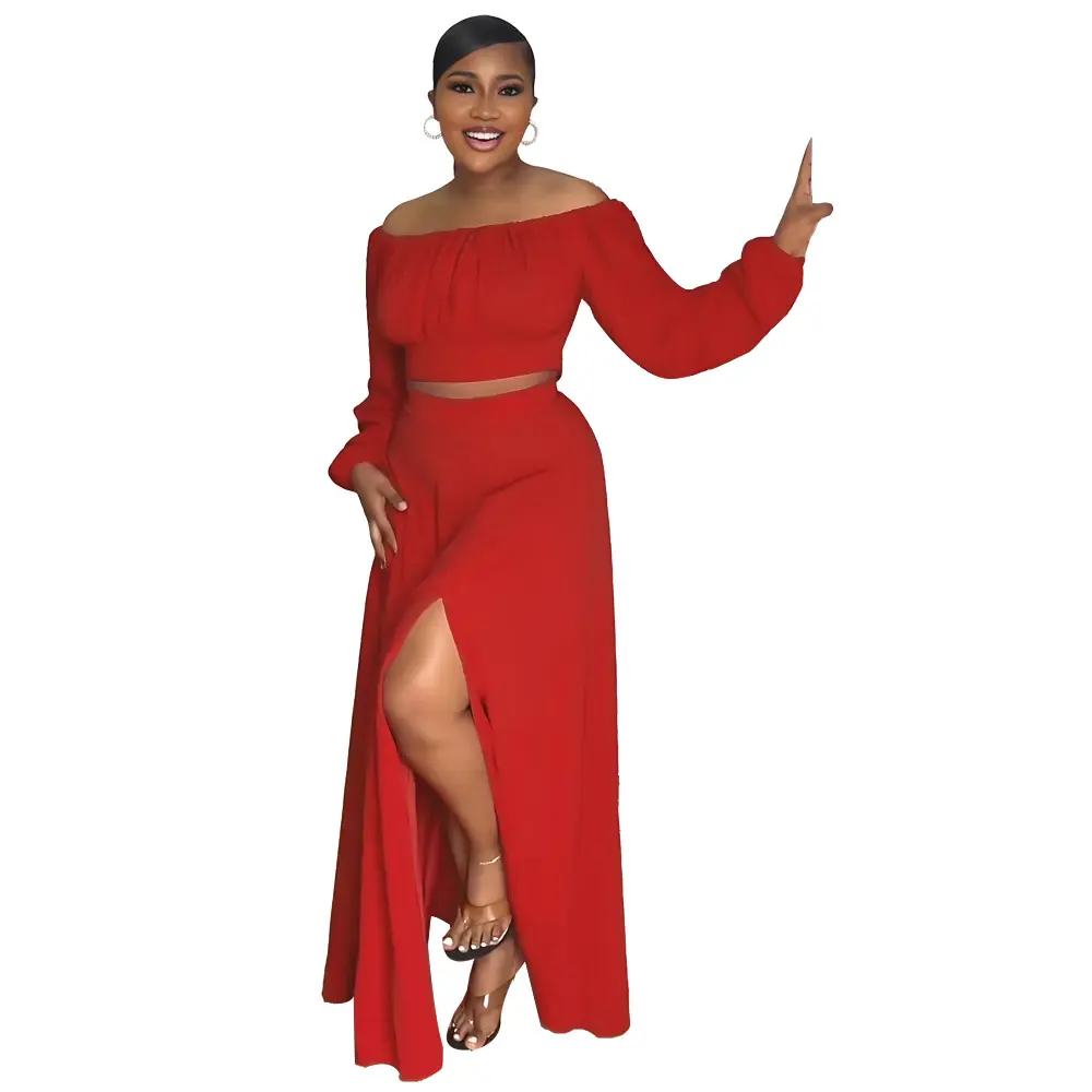 Casual Vacation Solid Color Balloon Sleeve Women Set 2023 Autumn Sexy Off Shoulder Top High Side Slit Long Skirt Two Piece Sets
