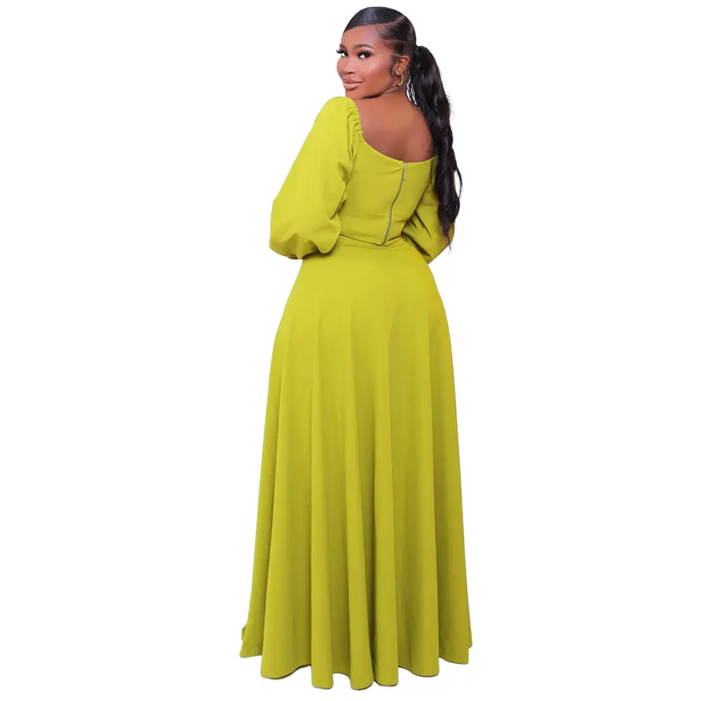 Casual Vacation Solid Color Balloon Sleeve Women Set 2023 Autumn Sexy Off Shoulder Top High Side Slit Long Skirt Two Piece Sets