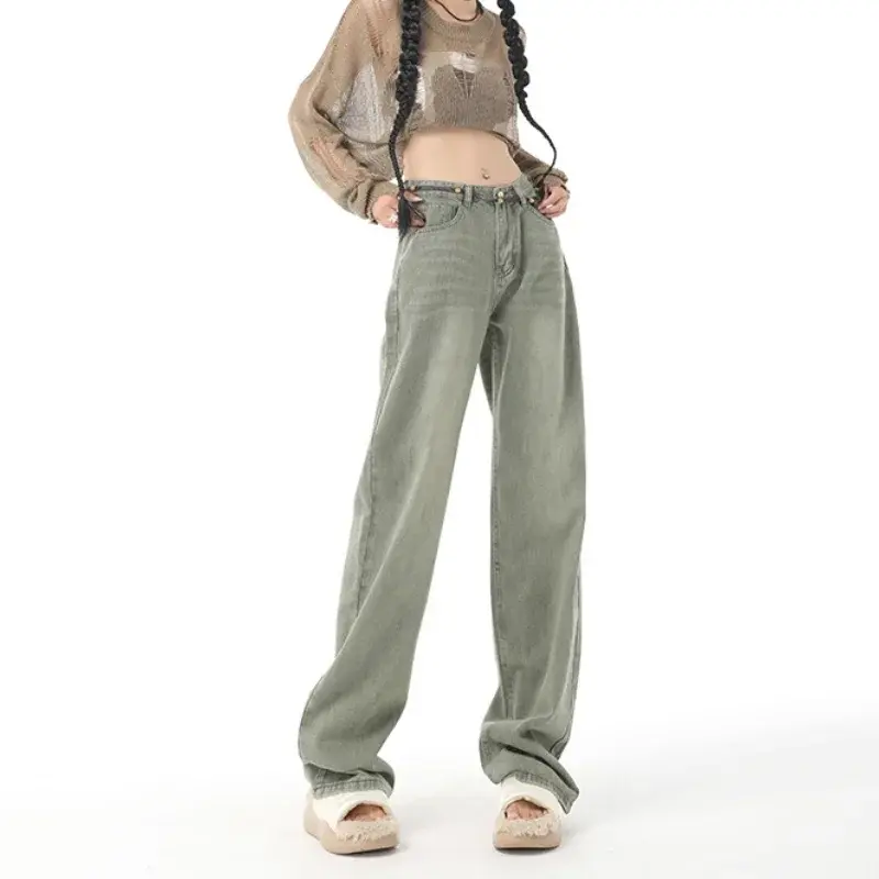 Vintage Denim Straight Women High Waist Streetwear Jeans Slight Blue Jeans Long Pants Y2k Work Summer Blue Jeans Capris Mom