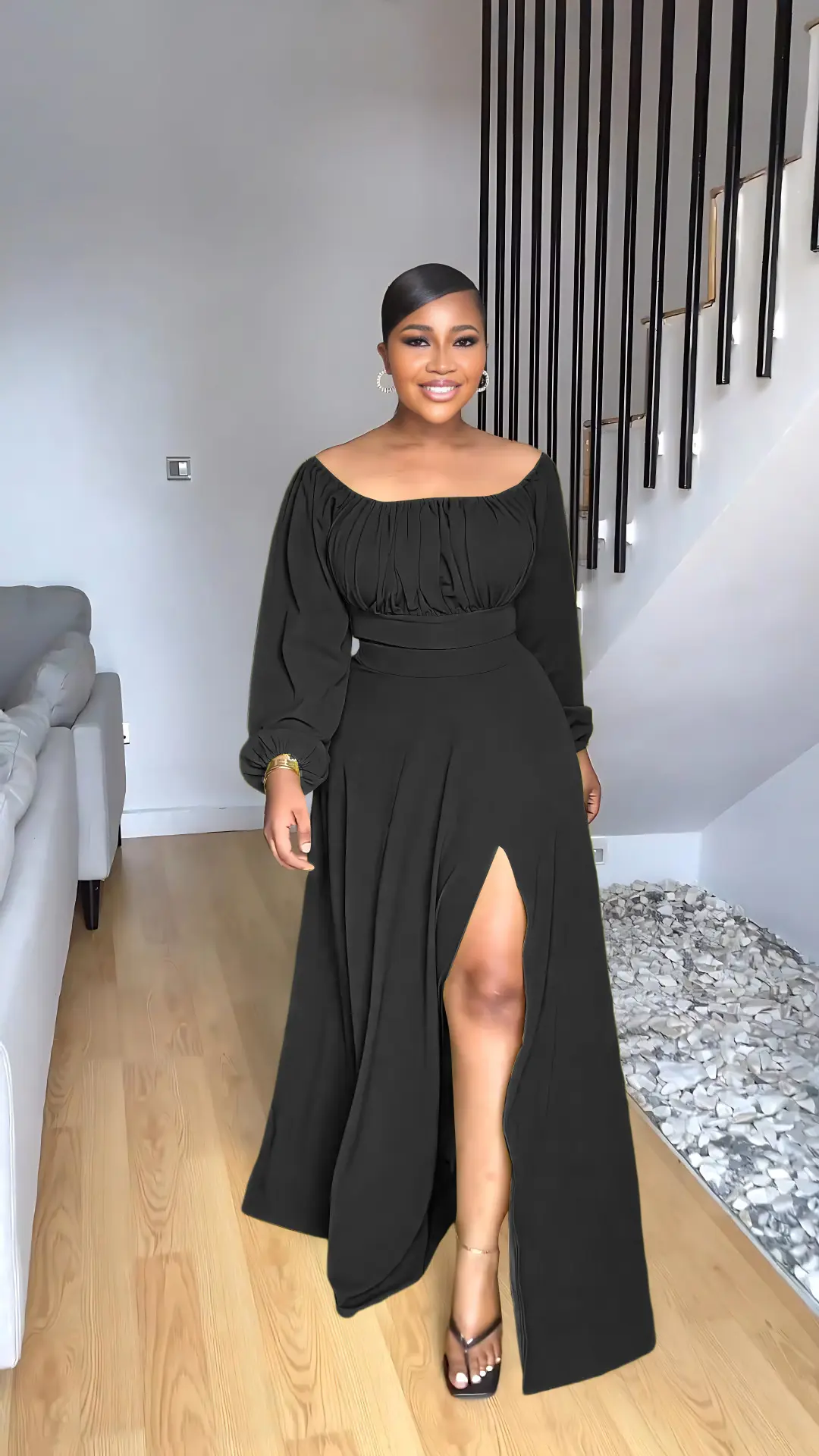 Casual Vacation Solid Color Balloon Sleeve Women Set 2023 Autumn Sexy Off Shoulder Top High Side Slit Long Skirt Two Piece Sets