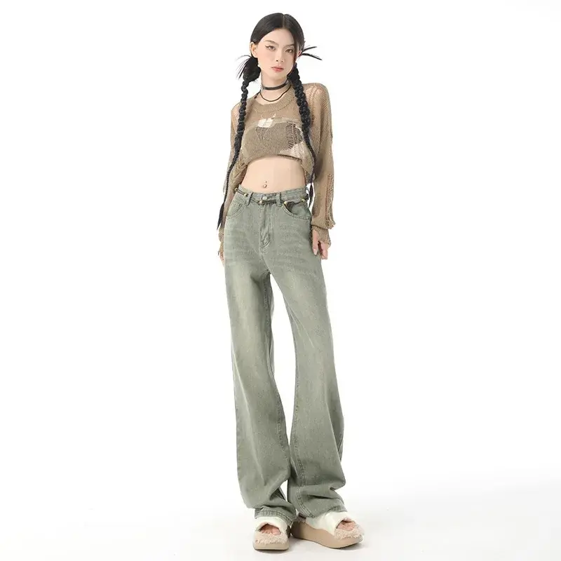 Vintage Denim Straight Women High Waist Streetwear Jeans Slight Blue Jeans Long Pants Y2k Work Summer Blue Jeans Capris Mom