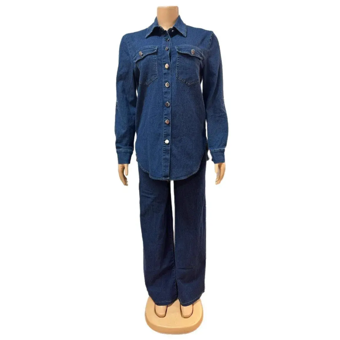 Denim Two Piece Sets Women Coat Mom Jeans Pockets Single Breasted Turn Down Collar Outfits Jacket Straight Pants Suit 2025