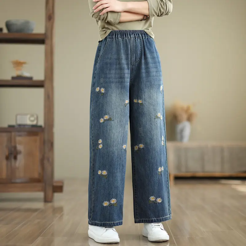 Denim Pant Women Jeans Wide Leg Long Pants Casual Loose High Waist Straight Trousers Y2k Streetwear Elegant Mom Embroidery