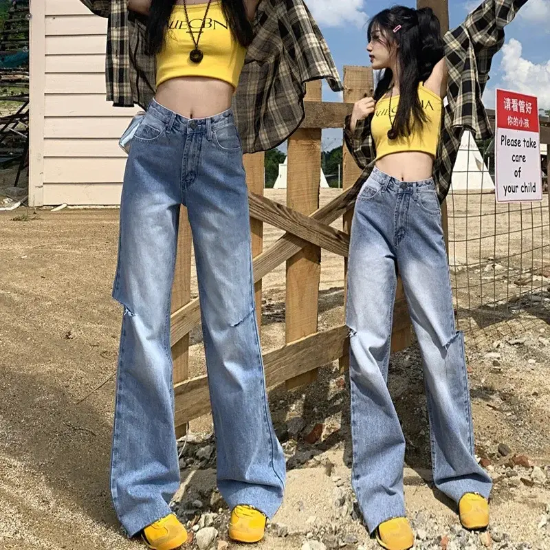 Mom Denim Women Straight Hollow Out High Waist Streetwear Jeans Vintage Slight Blue Jeans Long Pants Y2k Work Summer Capris