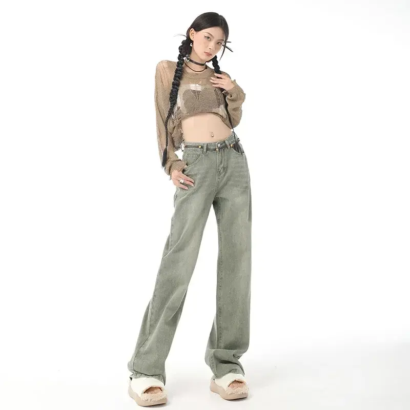 Vintage Denim Straight Women High Waist Streetwear Jeans Slight Blue Jeans Long Pants Y2k Work Summer Blue Jeans Capris Mom
