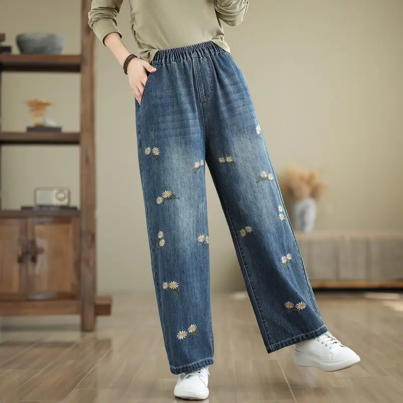 Denim Pant Women Jeans Wide Leg Long Pants Casual Loose High Waist Straight Trousers Y2k Streetwear Elegant Mom Embroidery