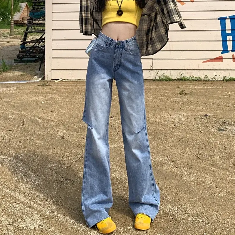 Mom Denim Women Straight Hollow Out High Waist Streetwear Jeans Vintage Slight Blue Jeans Long Pants Y2k Work Summer Capris