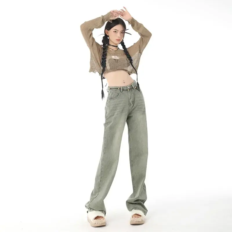 Vintage Denim Straight Women High Waist Streetwear Jeans Slight Blue Jeans Long Pants Y2k Work Summer Blue Jeans Capris Mom