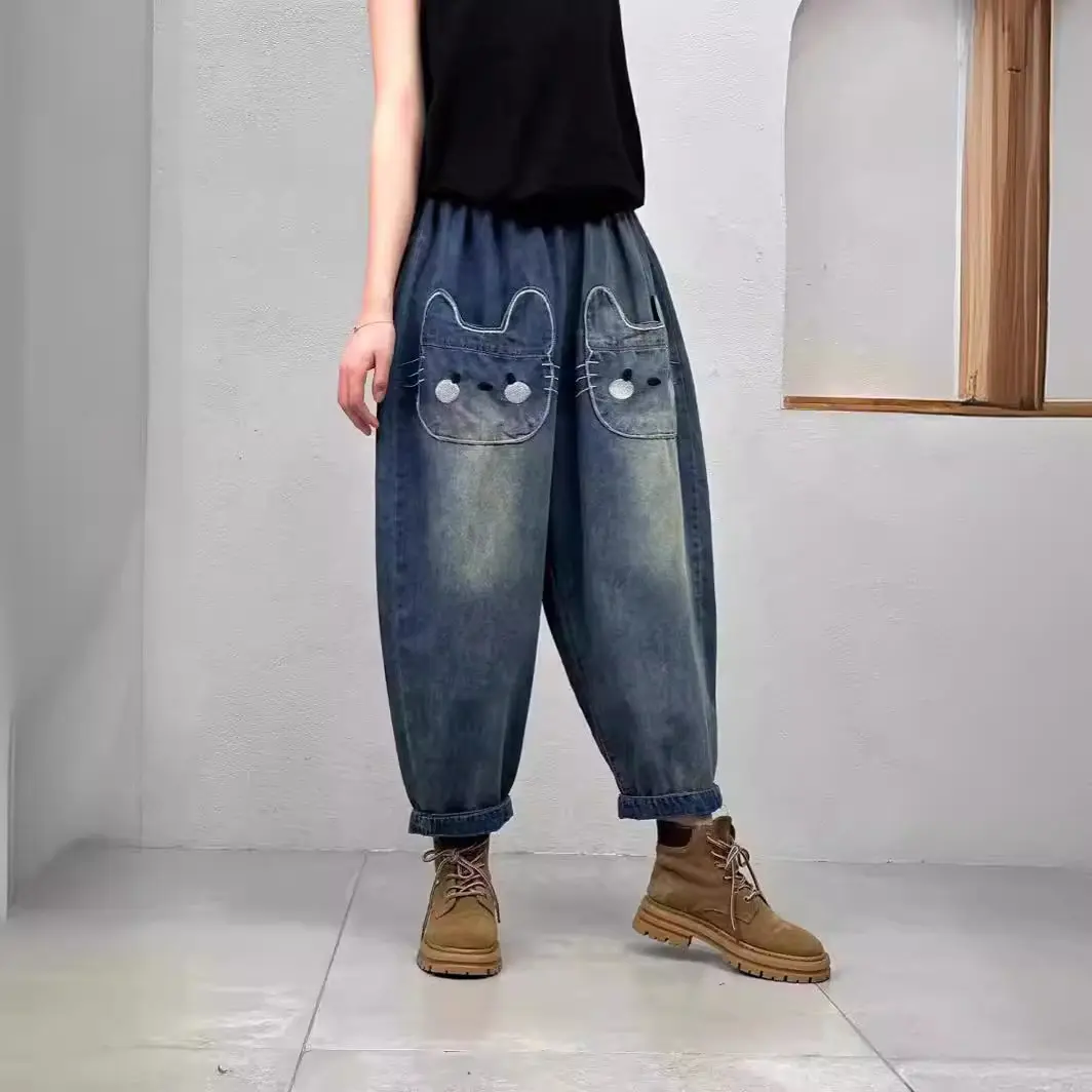 Cat Denim Pant Women Mom Jeans Long Pants Embroidery Elastic Waist Y2k Streetwear Elegant High Waist Straight Trousers Spring
