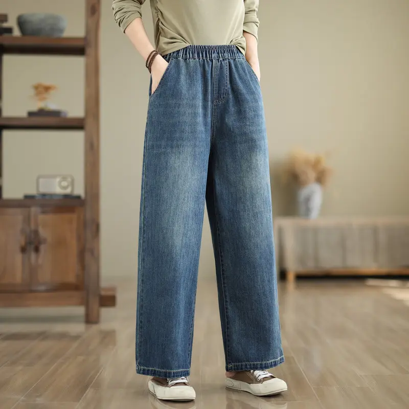 Denim Pant Women Jeans Wide Leg Long Pants Casual Loose High Waist Straight Trousers Y2k Streetwear Elegant Mom Embroidery