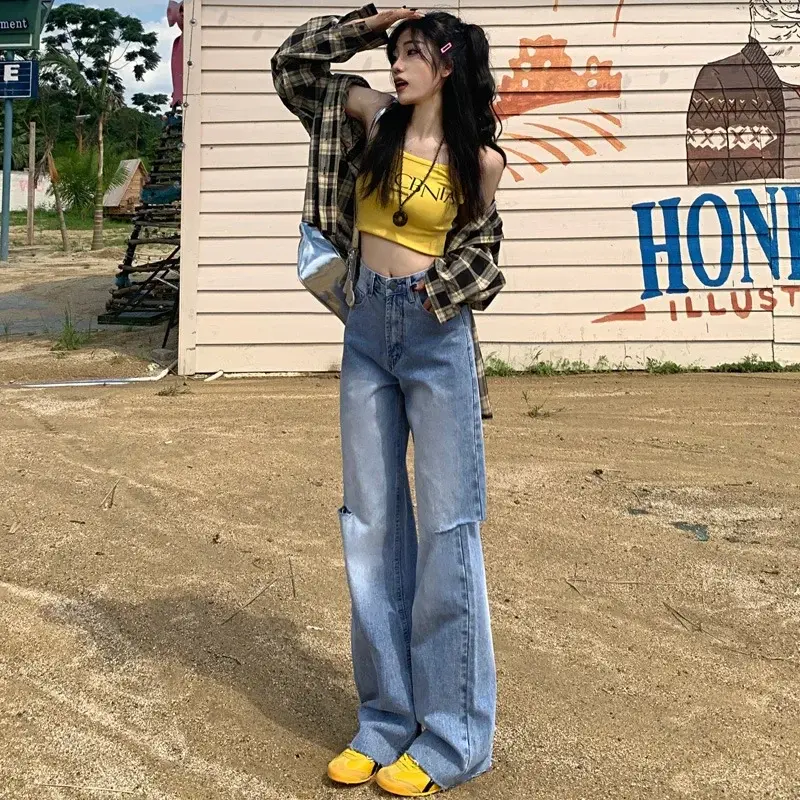 Mom Denim Women Straight Hollow Out High Waist Streetwear Jeans Vintage Slight Blue Jeans Long Pants Y2k Work Summer Capris