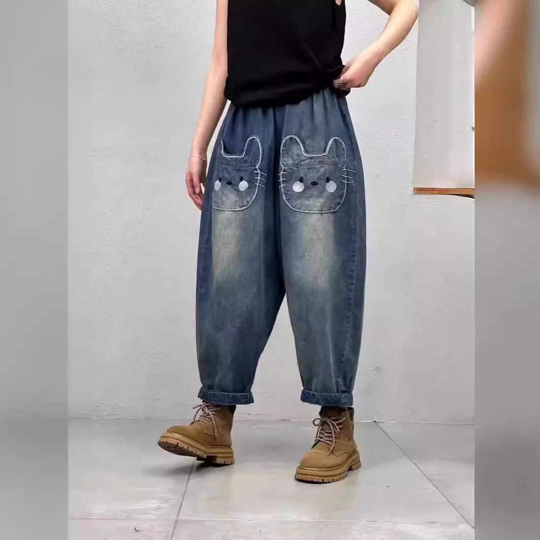 Cat Denim Pant Women Mom Jeans Long Pants Embroidery Elastic Waist Y2k Streetwear Elegant High Waist Straight Trousers Spring