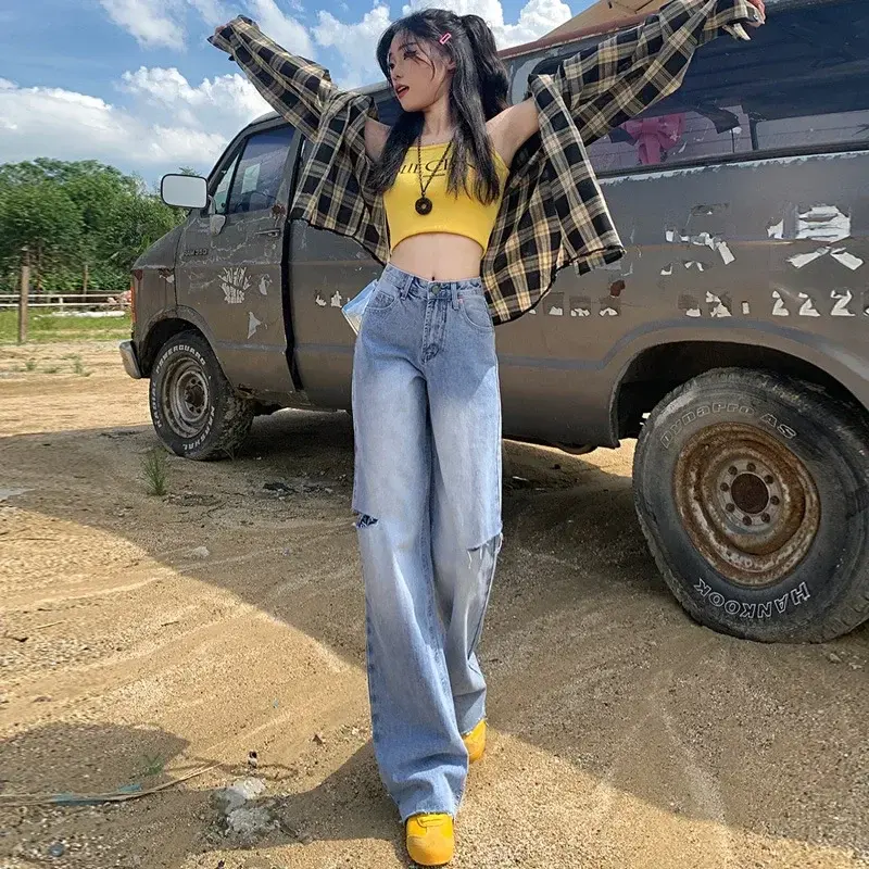 Mom Denim Women Straight Hollow Out High Waist Streetwear Jeans Vintage Slight Blue Jeans Long Pants Y2k Work Summer Capris