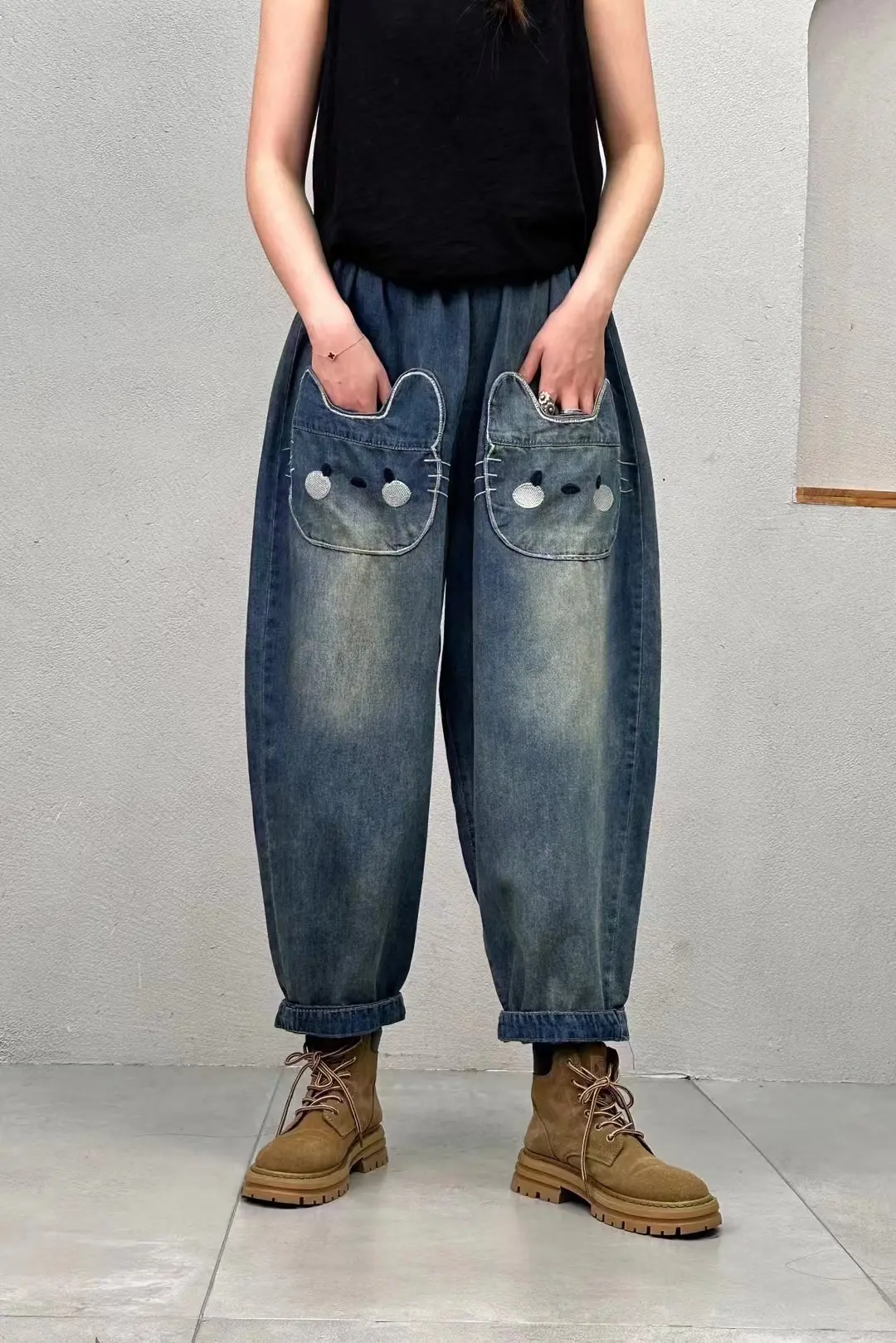 Cat Denim Pant Women Mom Jeans Long Pants Embroidery Elastic Waist Y2k Streetwear Elegant High Waist Straight Trousers Spring