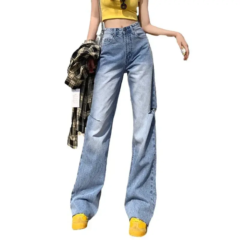 Mom Denim Women Straight Hollow Out High Waist Streetwear Jeans Vintage Slight Blue Jeans Long Pants Y2k Work Summer Capris