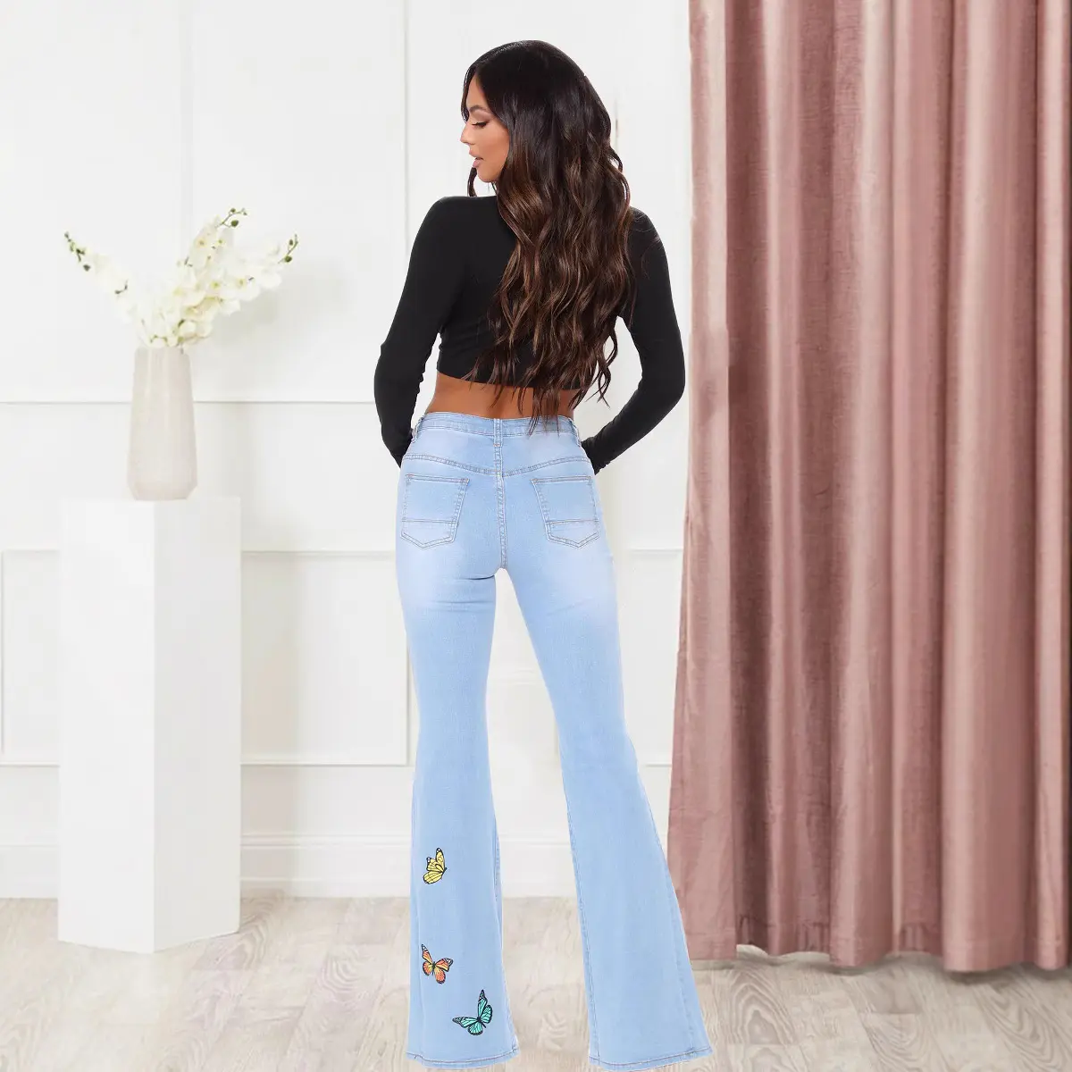 Mom Jeans Denim Pants Women Long Flare Pants Print Butterfly Hole Straight Trousers Y2k Streetwear Elegant Blue Slim Fit 2025