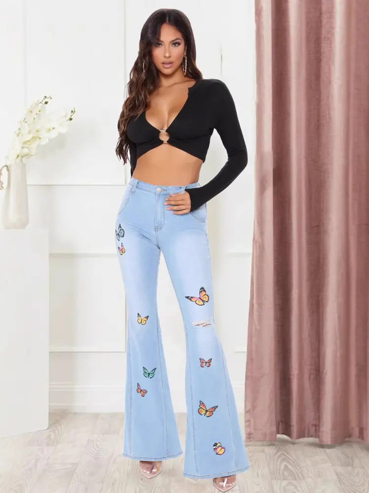 Mom Jeans Denim Pants Women Long Flare Pants Print Butterfly Hole Straight Trousers Y2k Streetwear Elegant Blue Slim Fit 2025
