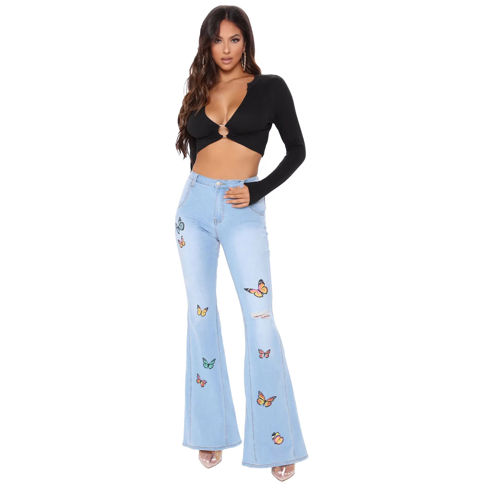 Mom Jeans Denim Pants Women Long Flare Pants Print Butterfly Hole Straight Trousers Y2k Streetwear Elegant Blue Slim Fit 2025