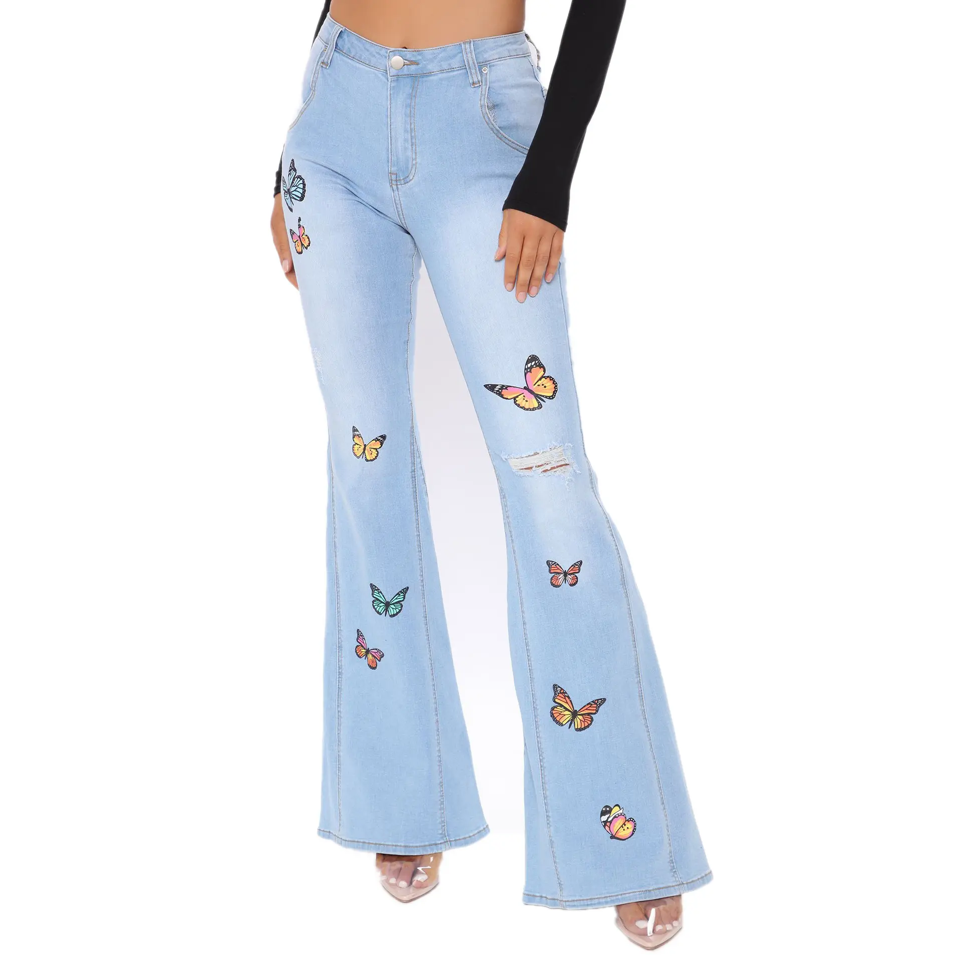 Mom Jeans Denim Pants Women Long Flare Pants Print Butterfly Hole Straight Trousers Y2k Streetwear Elegant Blue Slim Fit 2025