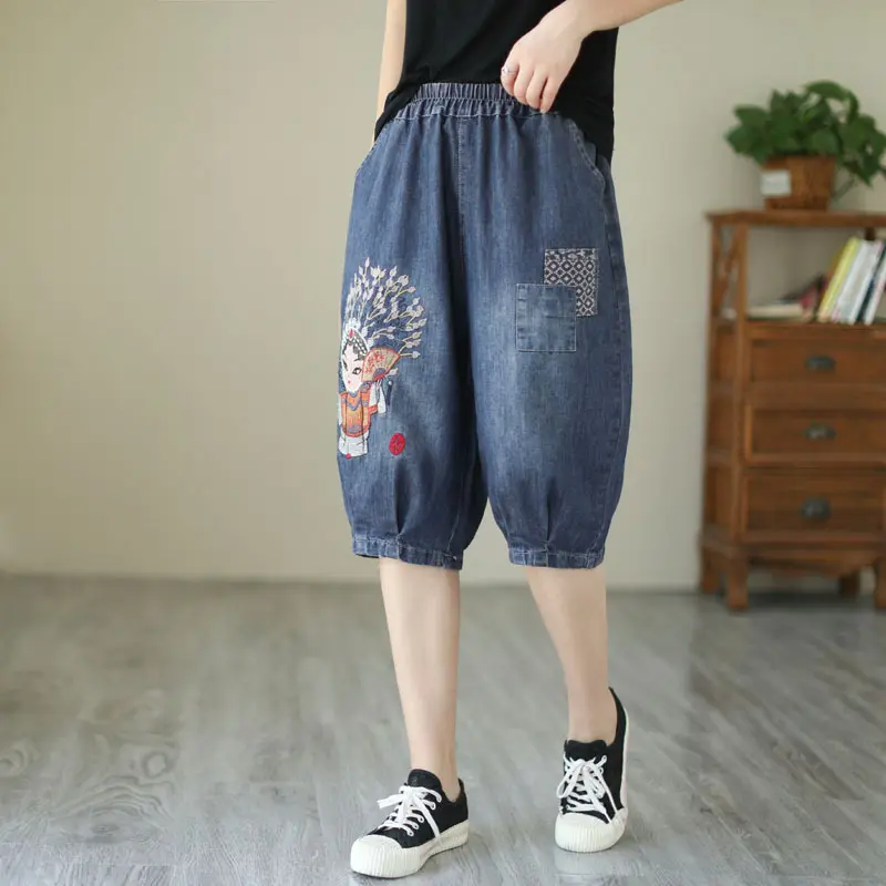 Knee Length Pant Women Jeans Denim Pants High Waist Shorts Embroidery Mom Work Casual Straight Trousers Y2k Streetwear Elegant