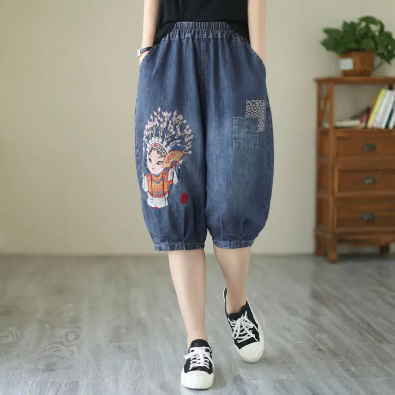 Knee Length Pant Women Jeans Denim Pants High Waist Shorts Embroidery Mom Work Casual Straight Trousers Y2k Streetwear Elegant