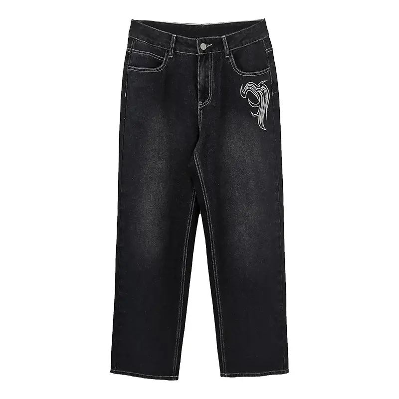 Women Jeans Straight Pants Print High Street Pockets Loose Fit Low Waist Washing Zipper Fly Flat Ankle Length Denim 2024