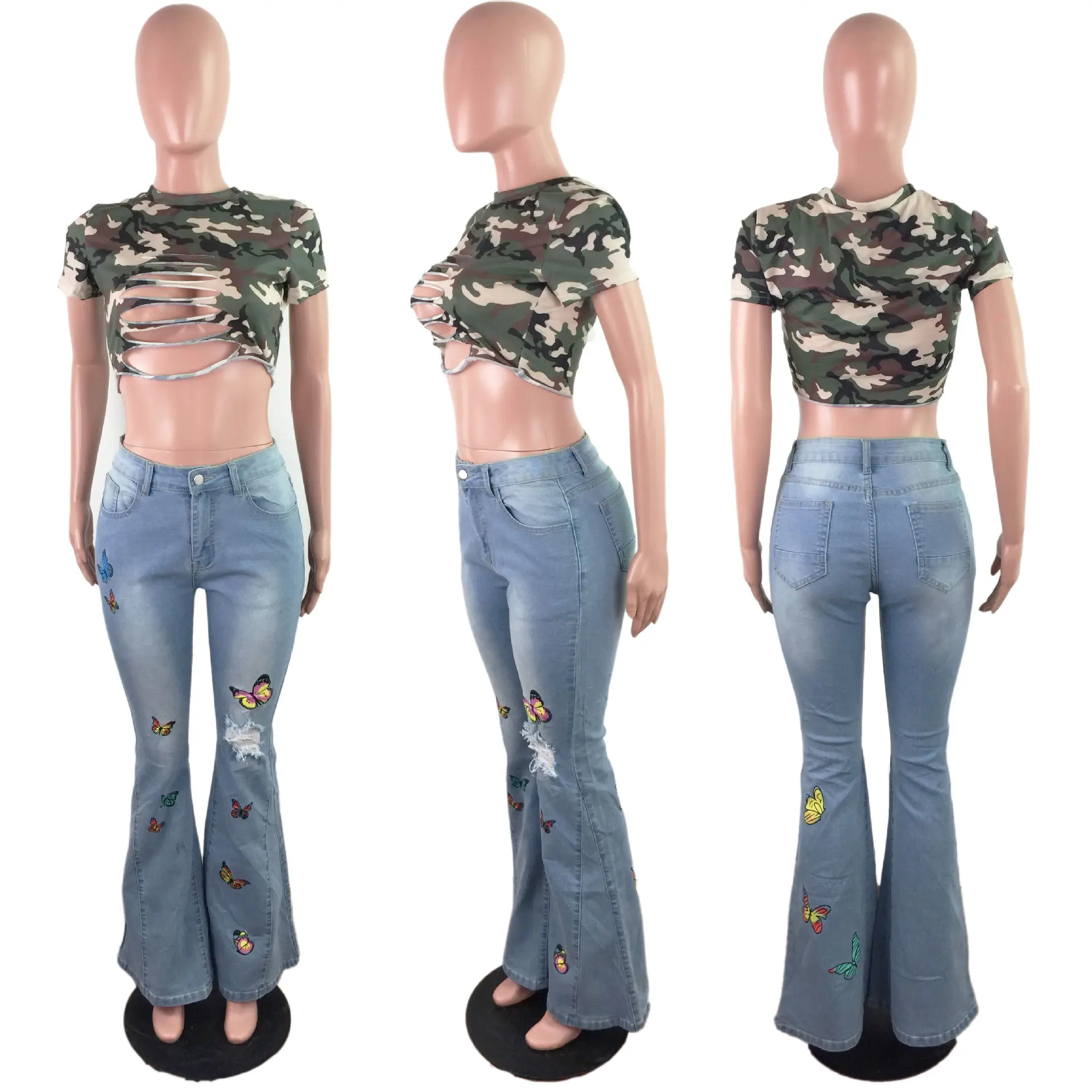 Mom Jeans Denim Pants Women Long Flare Pants Print Butterfly Hole Straight Trousers Y2k Streetwear Elegant Blue Slim Fit 2025
