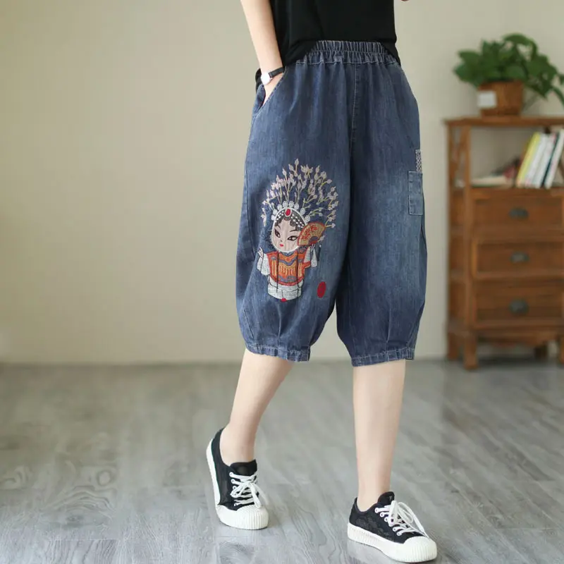 Knee Length Pant Women Jeans Denim Pants High Waist Shorts Embroidery Mom Work Casual Straight Trousers Y2k Streetwear Elegant