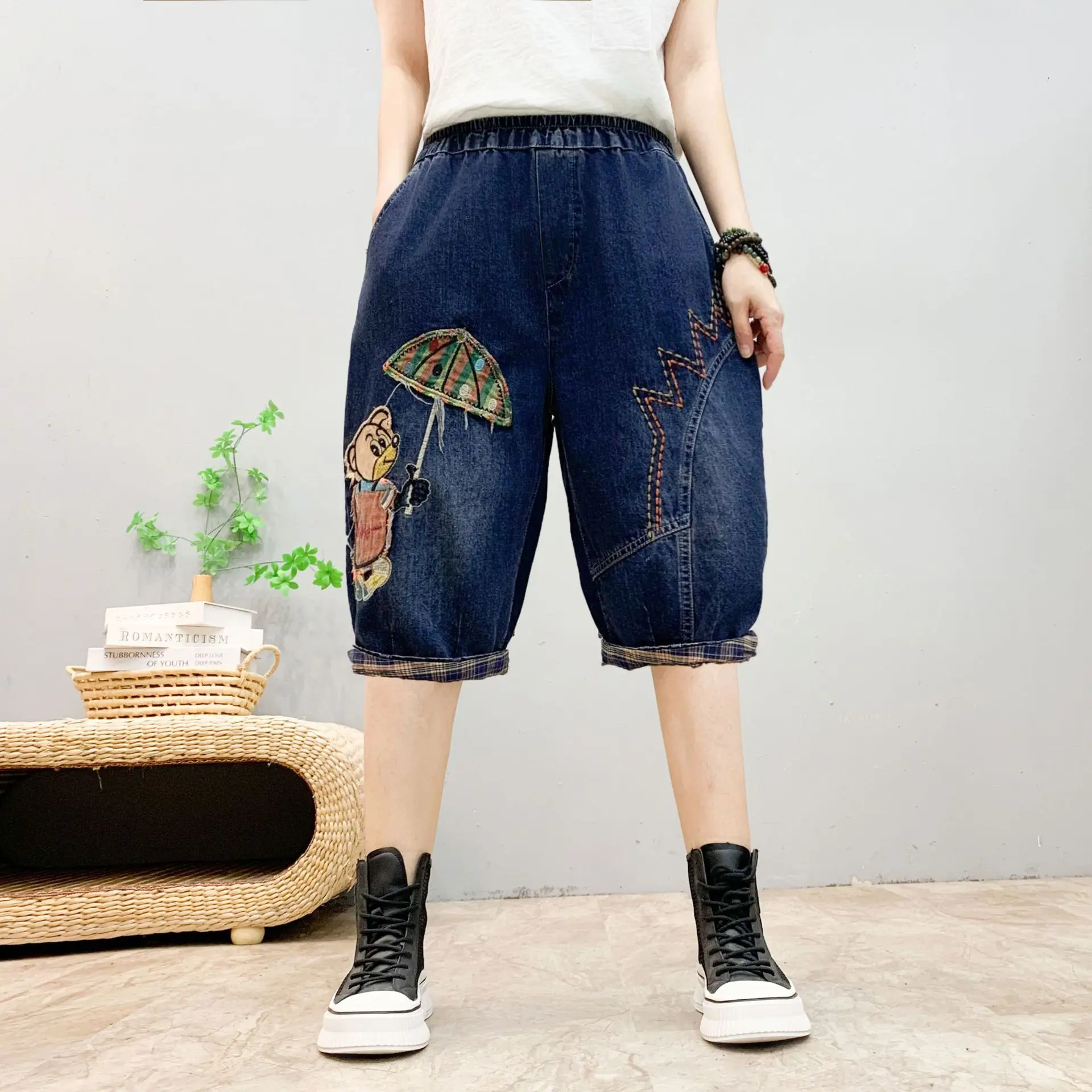 Knee Length Pant Women Jeans Denim Pants High Waist Shorts Embroidery Mom Work Casual Straight Trousers Y2k Streetwear Elegant