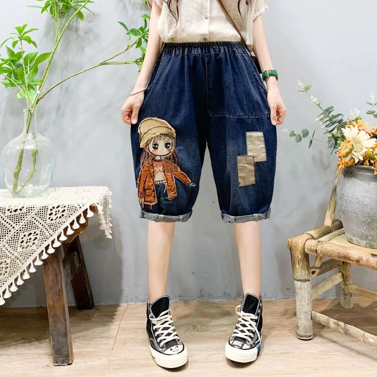 Knee Length Pant Women Jeans Denim Pants High Waist Shorts Embroidery Mom Work Casual Straight Trousers Y2k Streetwear Elegant