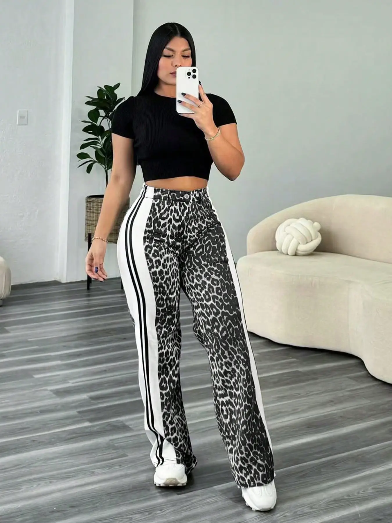 Pant Women Wide Leg Long Pants Leopard Print High Waist Straight Trousers Y2k Streetwear Casual Loose Splice Mom Capris Club