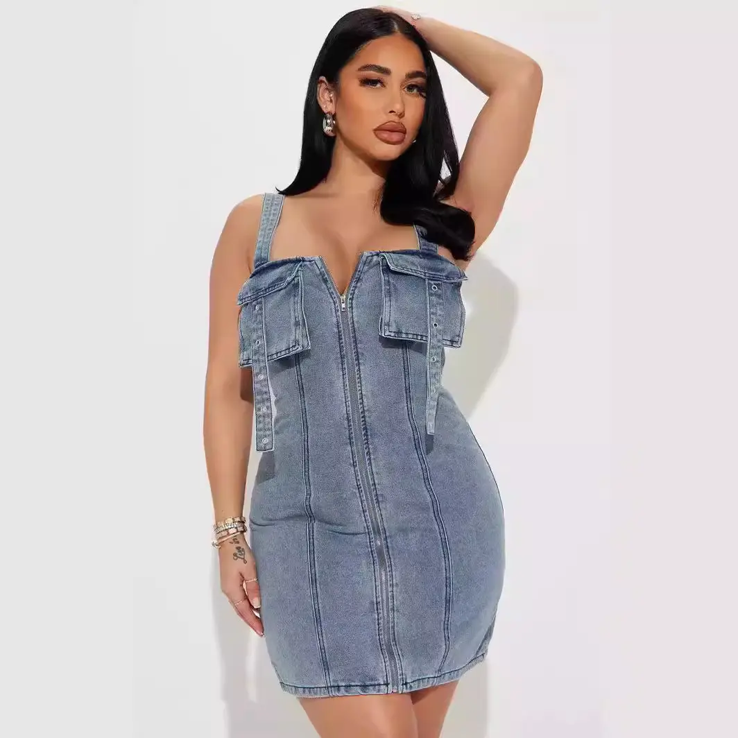 Mid Length Dress Women Denim Dresses Sling Zipper Vestidos Streetwear Sleeveless Elegant Splice Y2k High Waist Summer 2025