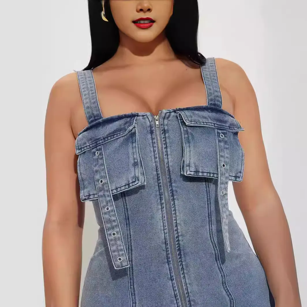 Mid Length Dress Women Denim Dresses Sling Zipper Vestidos Streetwear Sleeveless Elegant Splice Y2k High Waist Summer 2025
