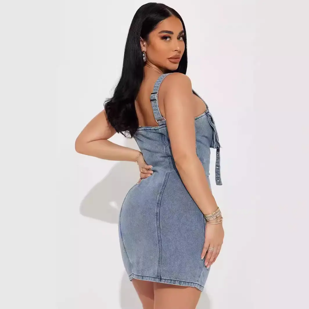 Mid Length Dress Women Denim Dresses Sling Zipper Vestidos Streetwear Sleeveless Elegant Splice Y2k High Waist Summer 2025