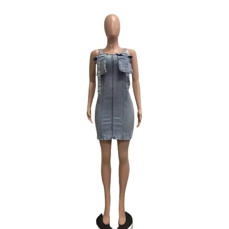 Mid Length Dress Women Denim Dresses Sling Zipper Vestidos Streetwear Sleeveless Elegant Splice Y2k High Waist Summer 2025